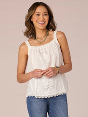 Wide Strap Ruched Square Neck Embroidered Scallop Edge Woven Tank Top