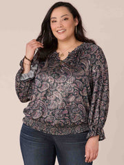 Long Sleeve High Round Neck Printed Plus Size Knit Top