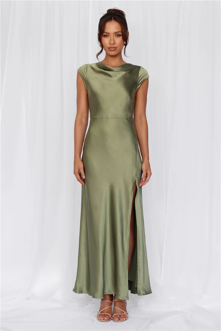 Beacnlady The Valentina Cap Sleeve Satin Maxi Dress Olive