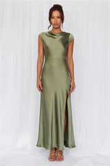 Beacnlady The Valentina Cap Sleeve Satin Maxi Dress Olive