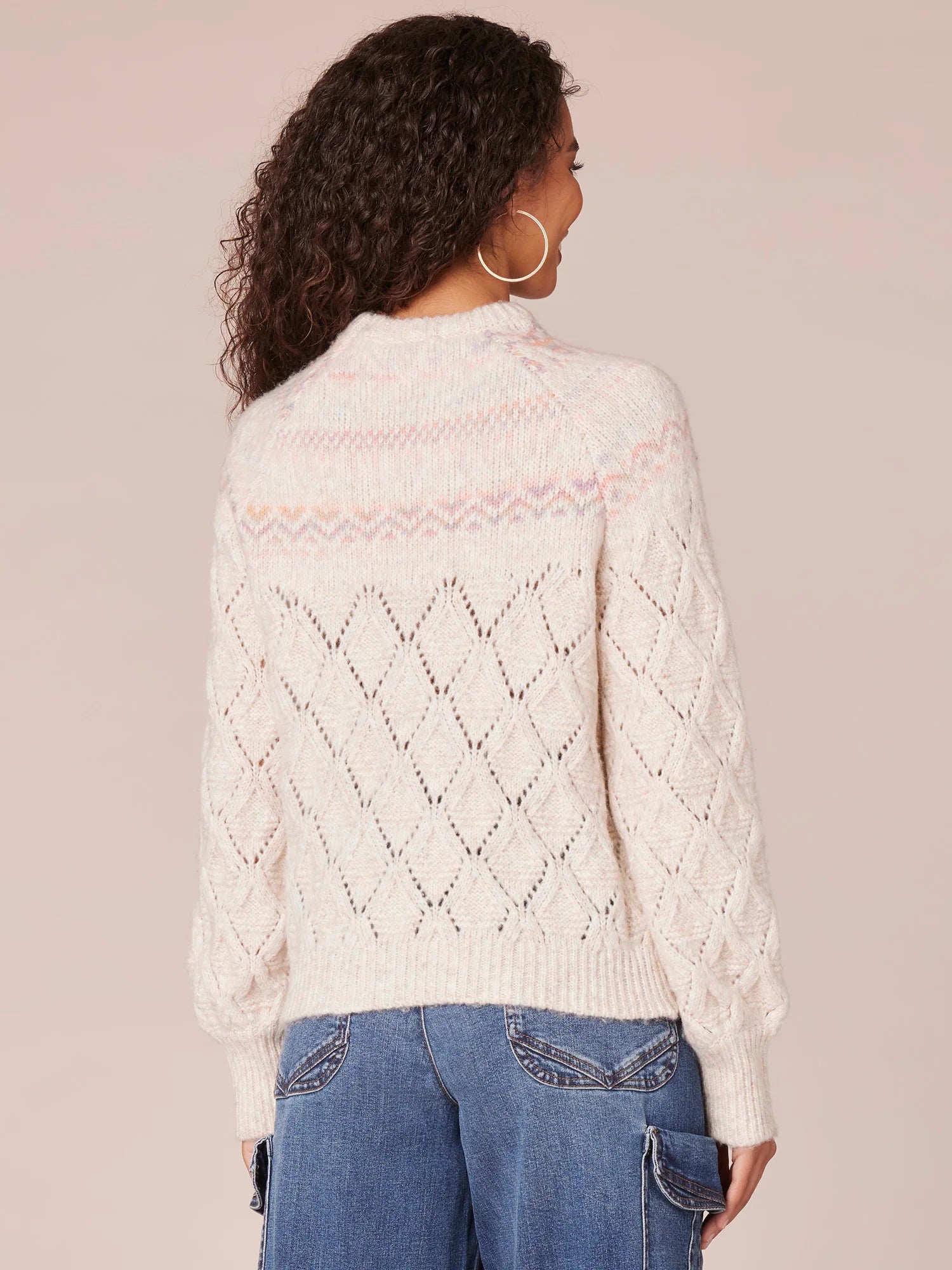 Long Sleeve Round Neck Fair Isle Yoke Pointelle Mix Sweater