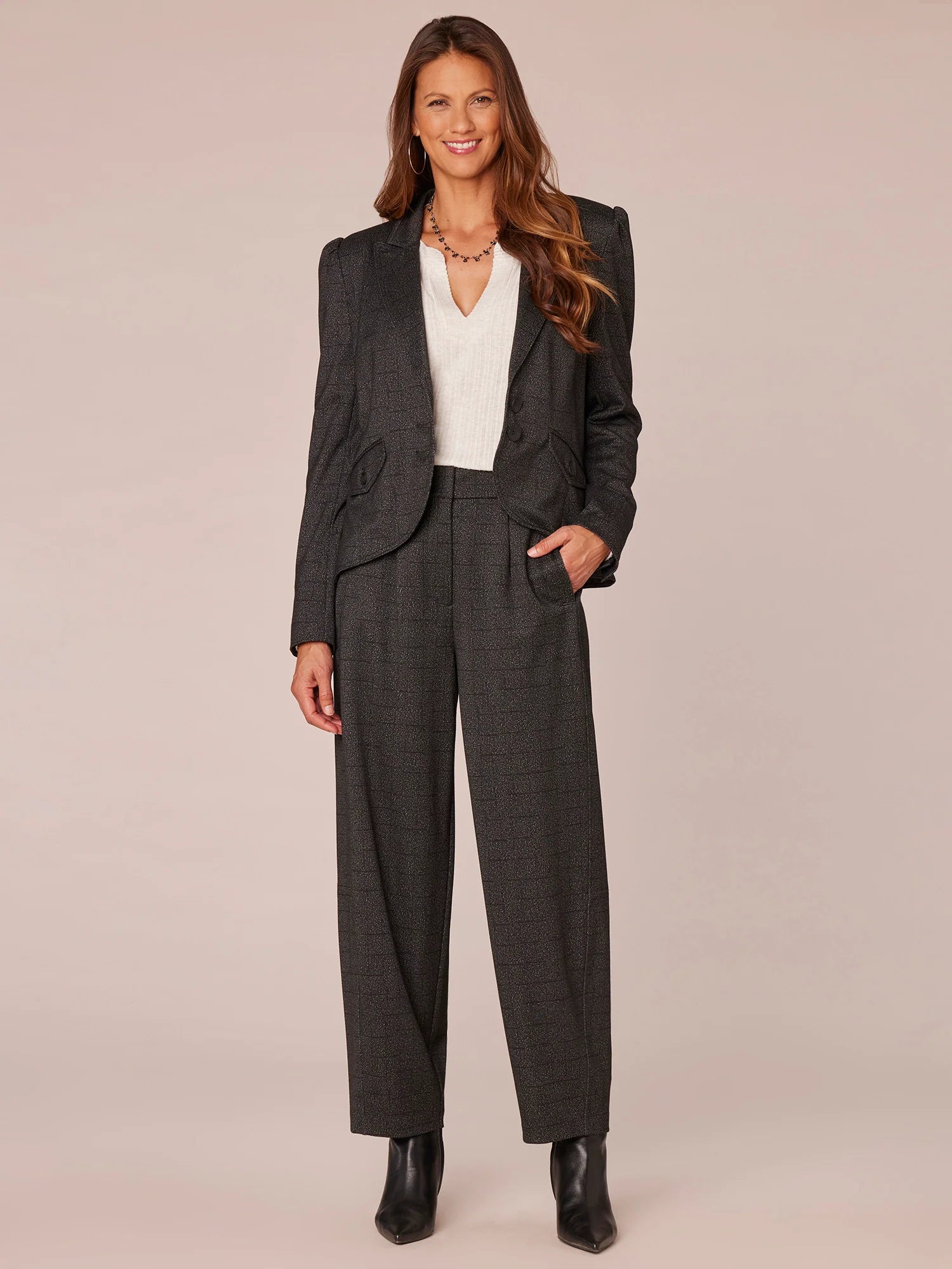 Long Sleeve Puff Shoulder Single Button Woven Blazer with Flap Pockets
