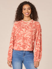 Long Sleeve Embroidered Scoop Neck Printed Hi-Low Knit Top