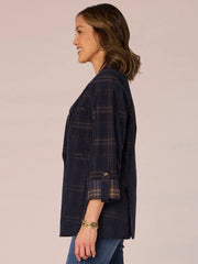 Long Sleeve Roll Tab Single Button Princess Seam Plaid Woven Blazer