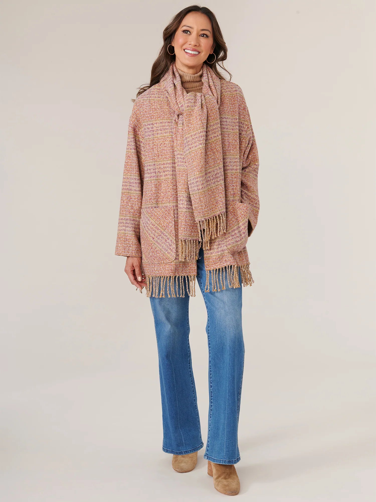 Long Sleeve Attached Scarf Dual Entry Pocket Tubular Fringe Plaid Coat