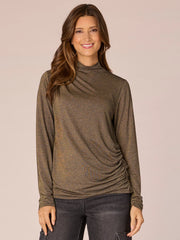 Long Sleeve Mock Neck Asymmetrical Ruching Detail Knit Top