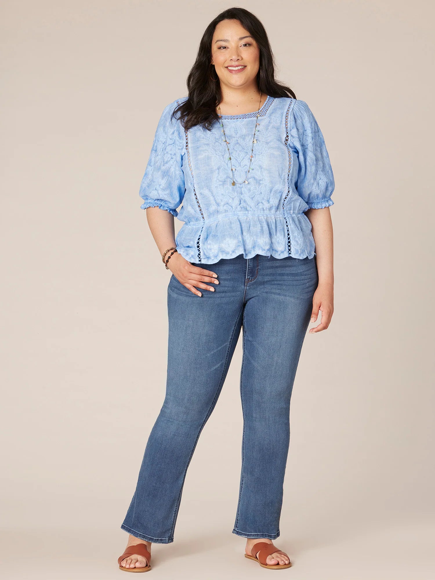 Three Quarter Sleeve Square Neck Mineral Wash Plus Size Woven Top