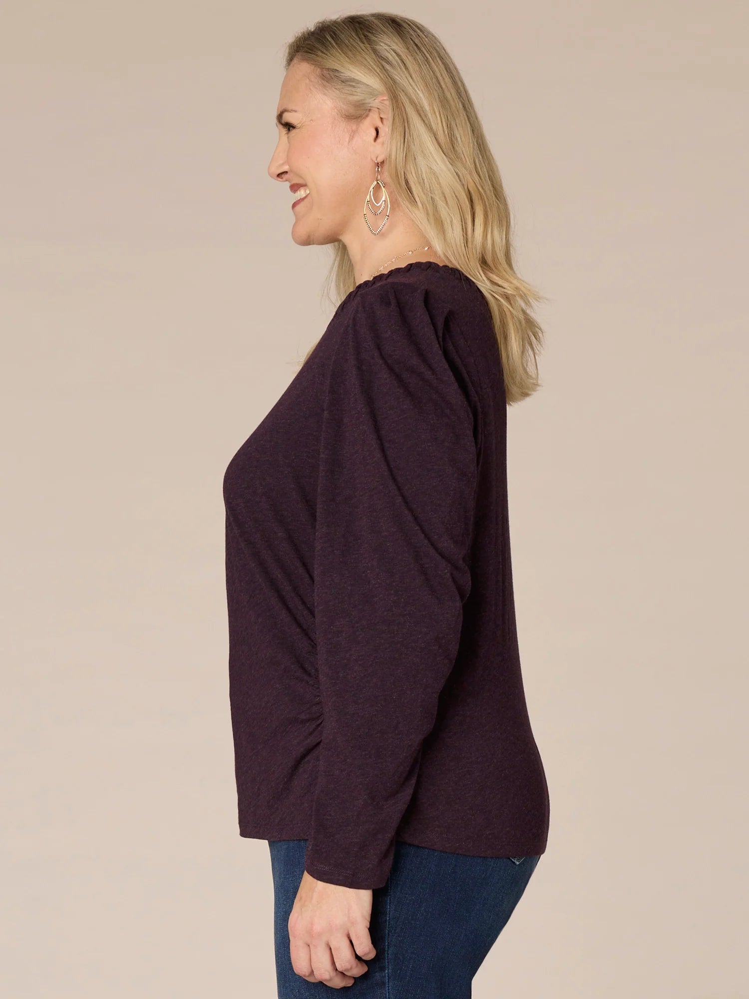 Long Sleeve Ruched Plus Size Knit Top with Soutache Embroidered Neck