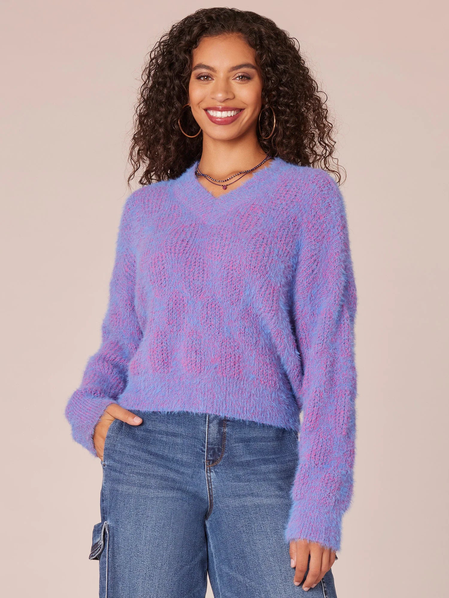 Long Sleeve Double V-Neck Two Tone Eyelash Sweater