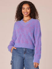 Long Sleeve Double V-Neck Two Tone Eyelash Sweater