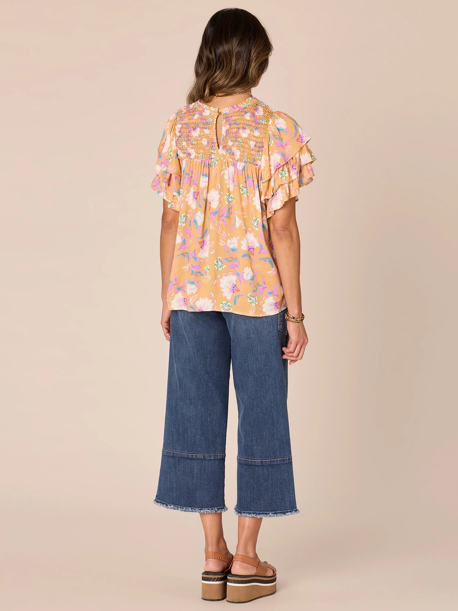 Triple Ruffle Sleeve Round Neck Floral Print Petite Woven Top