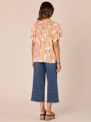 Triple Ruffle Sleeve Round Neck Floral Print Petite Woven Top