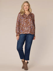 Long Sleeve Collared Crochet Placket Printed Plus Size Woven Shirt