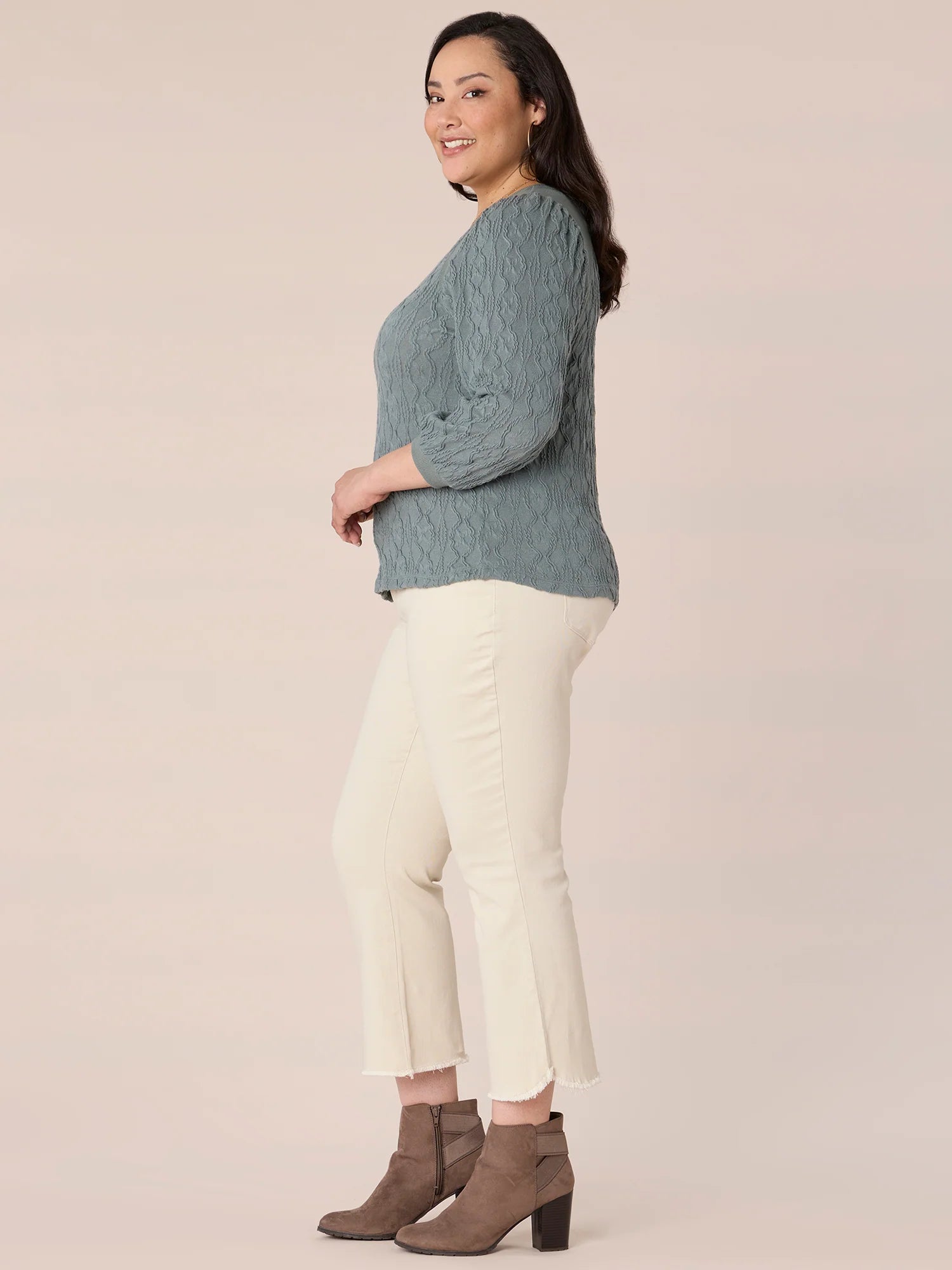 Three Quarter Sleeve Wide V-Neck Plus Size Mixed Media Knit Top