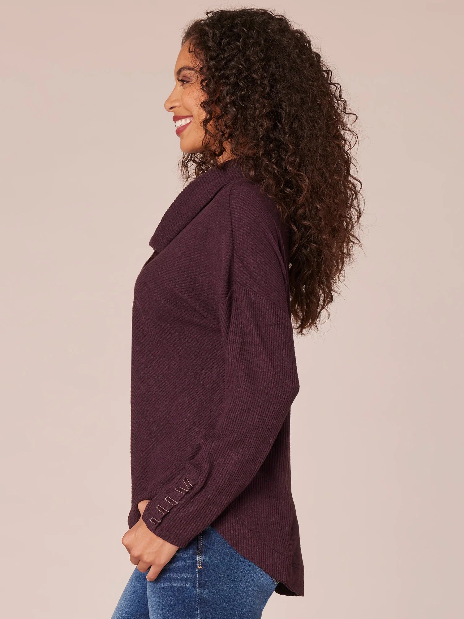 Long Sleeve Cowl Neck Petite Knit Tunic with Ribbon Detail