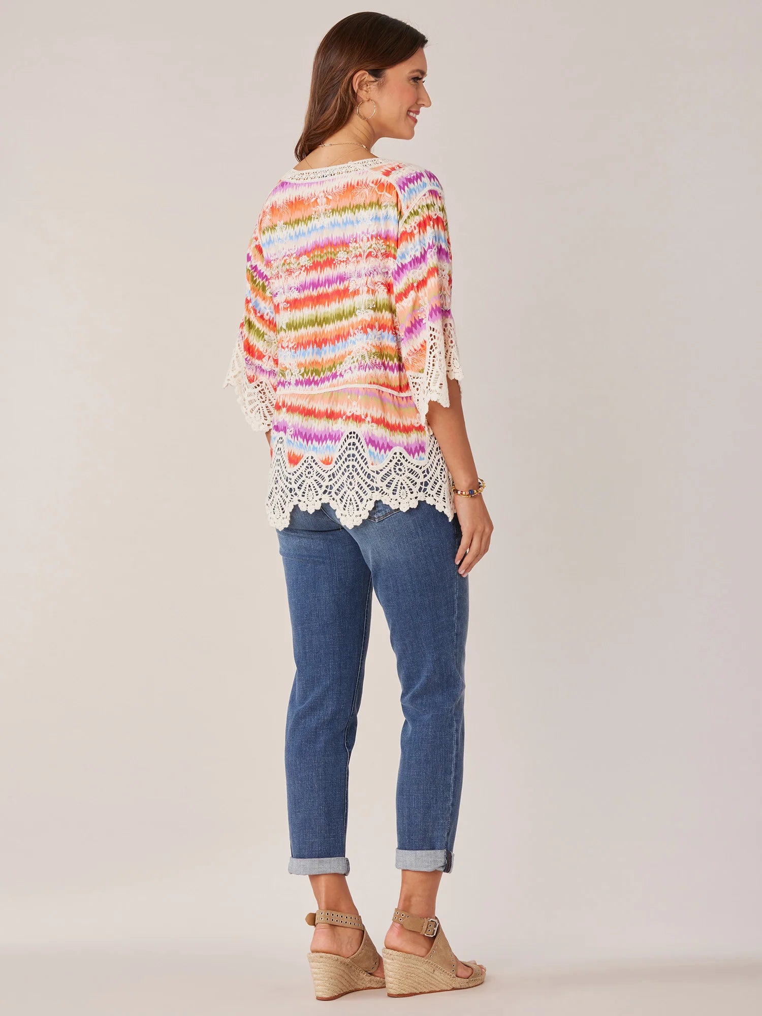 Three Quarter Sleeve V-Notch Neck Peplum Crochet Printed Woven Top
