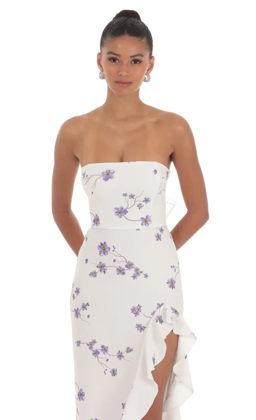 Strapless Back Bow Corset Maxi Dress in Navy