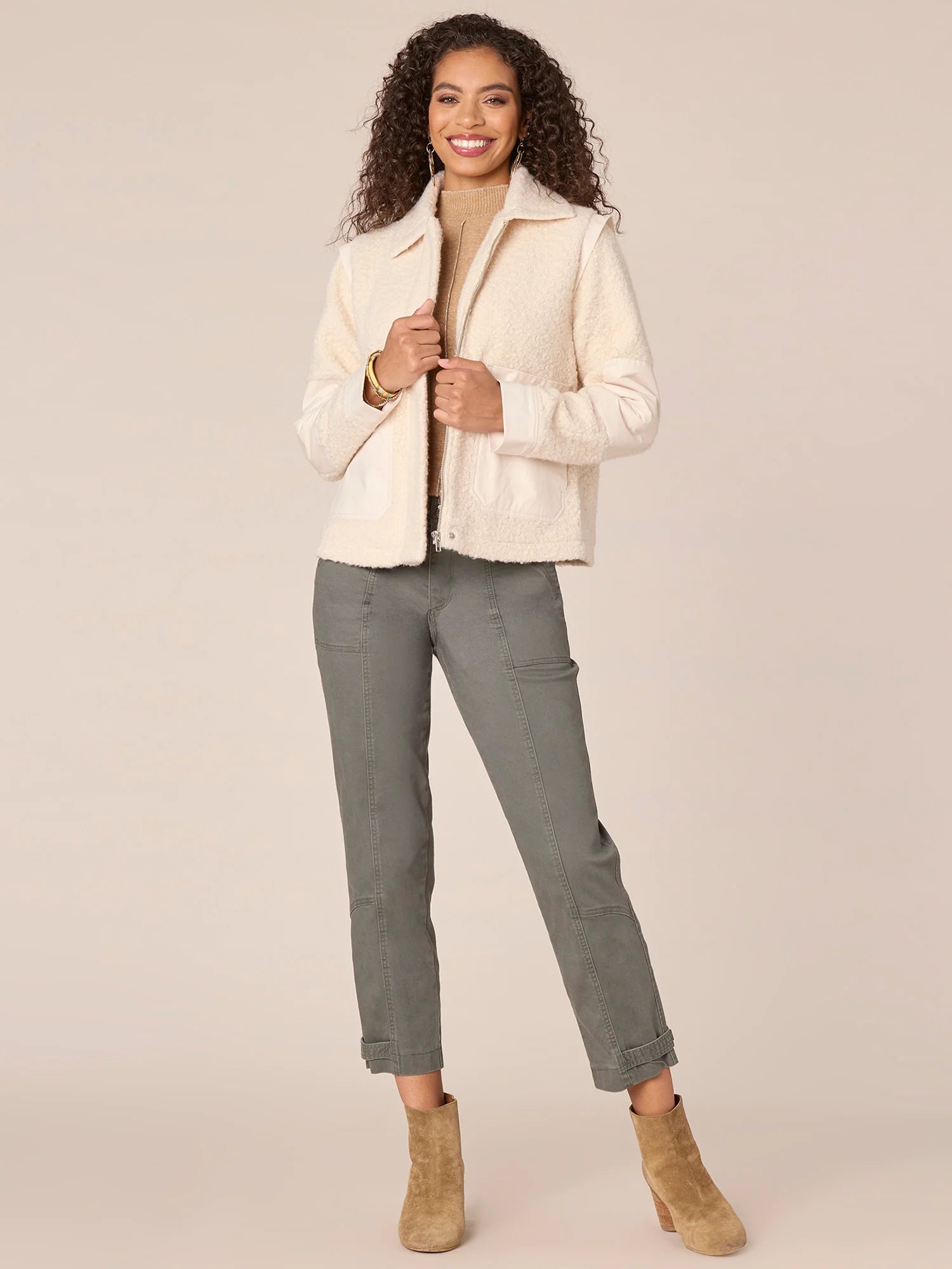 Long Sleeve Flange Shoulder Wide Collar Neck Zip Front Woven Jacket