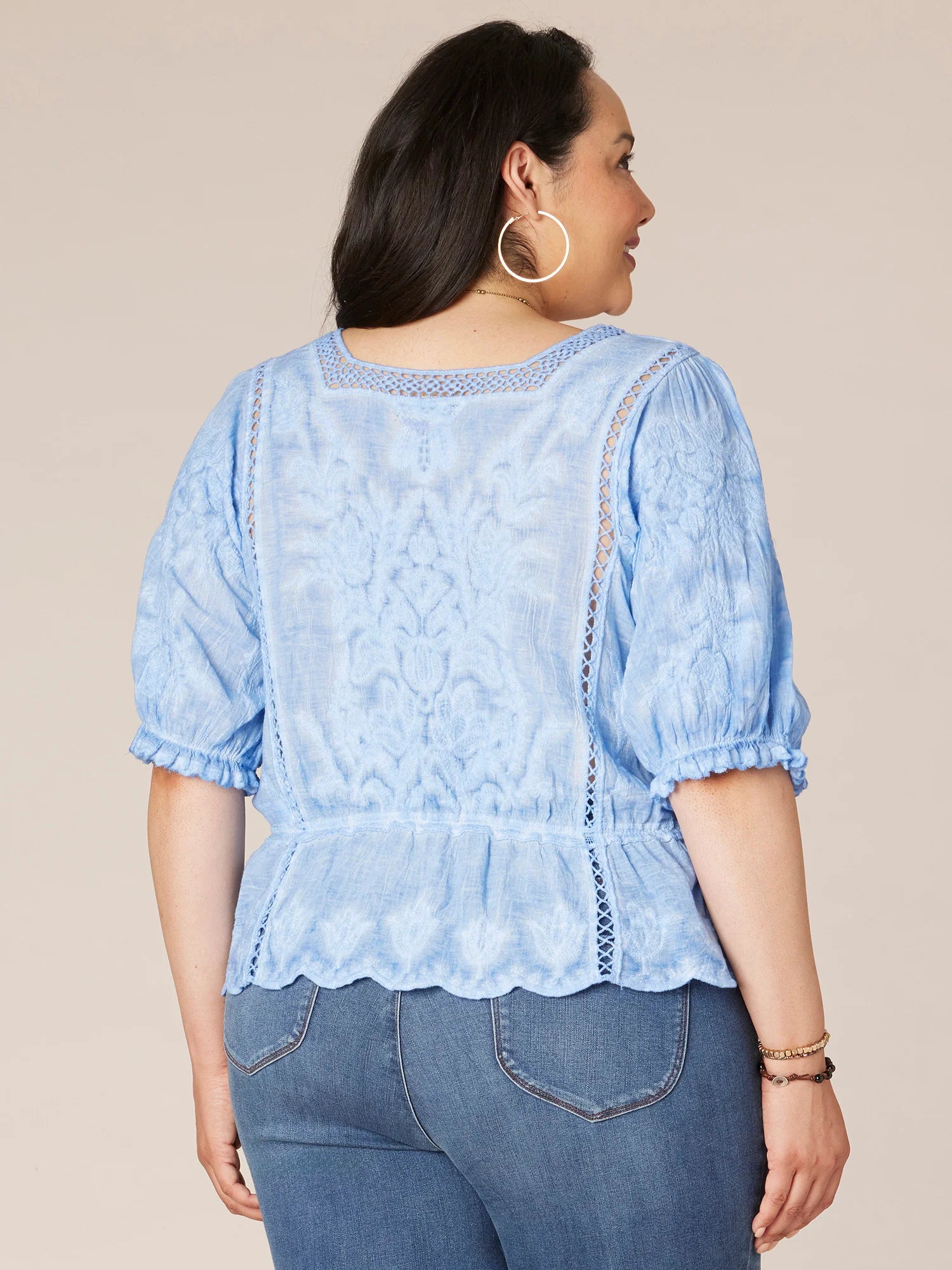 Three Quarter Sleeve Square Neck Mineral Wash Plus Size Woven Top