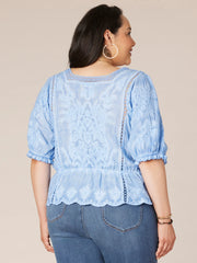 Three Quarter Sleeve Square Neck Mineral Wash Plus Size Woven Top
