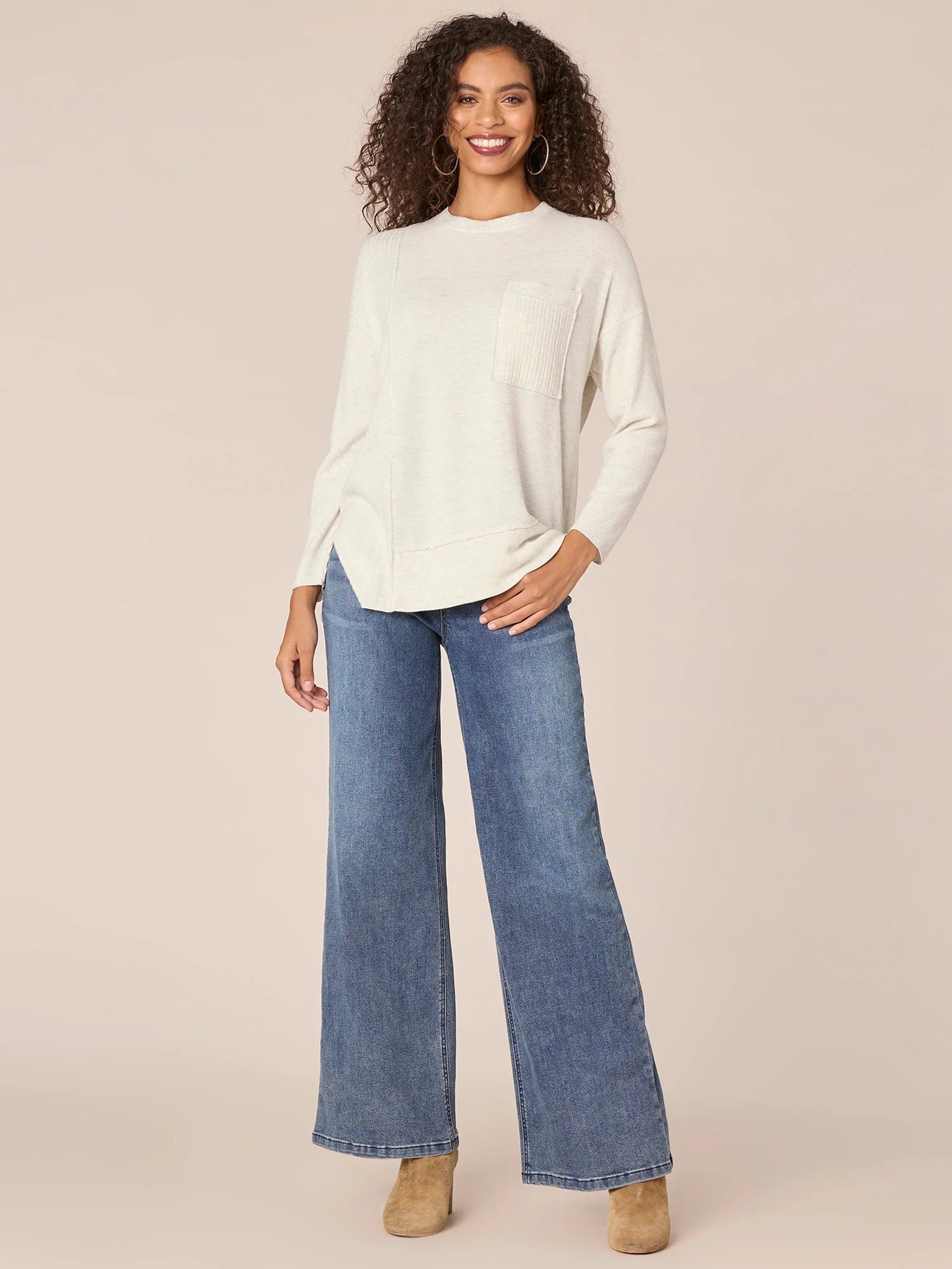 Long Sleeve Scoop Neck Asymmetrical Hem Mixed Media Knit Top