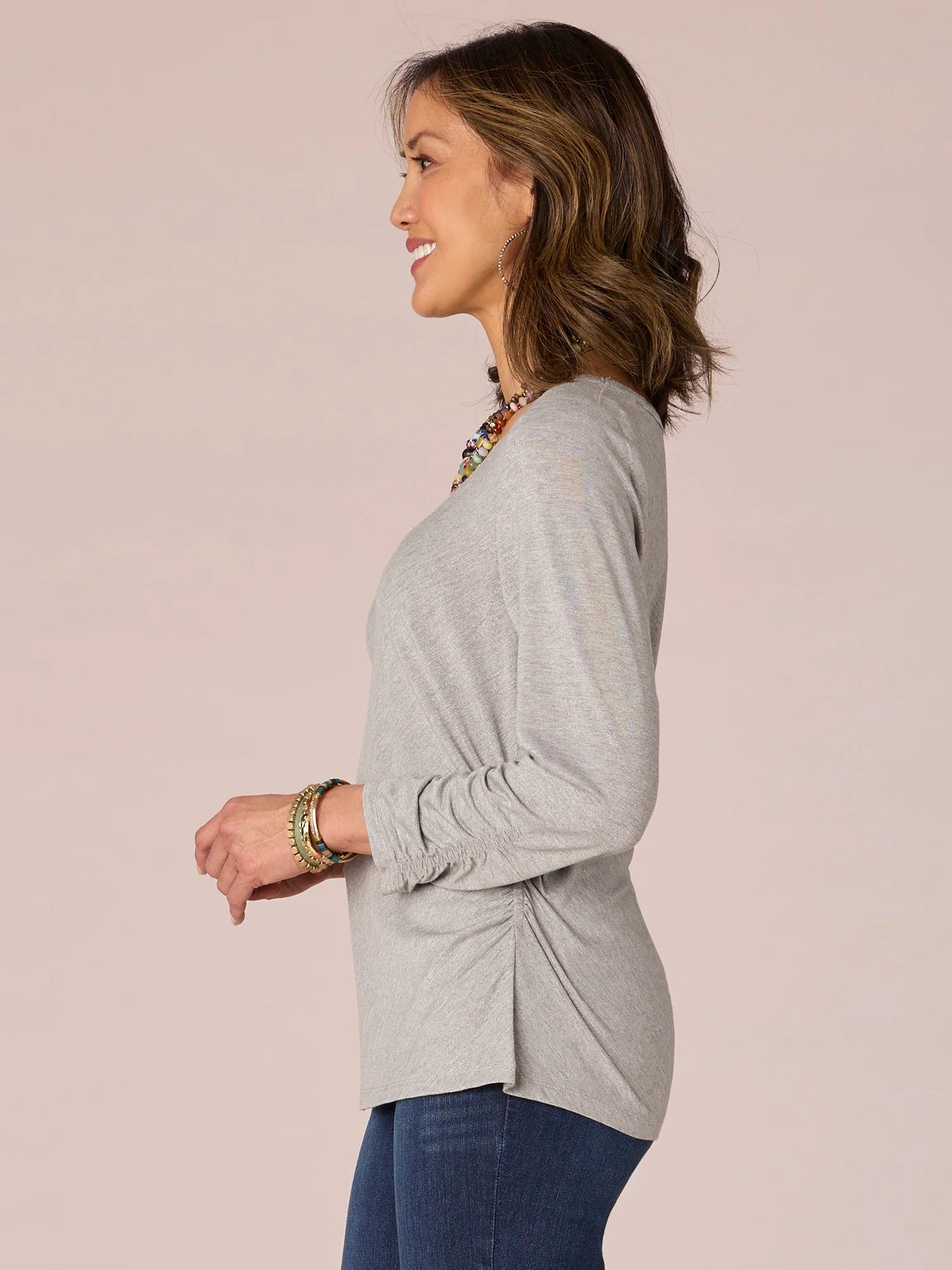 Three Quarter Sleeve Scoop Neck Ruched Side Shiny Petite Knit Top