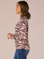 Long Sleeve Crew Neck Printed Petite Knit Top with Side Casing