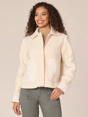 Long Sleeve Flange Shoulder Wide Collar Neck Zip Front Woven Jacket
