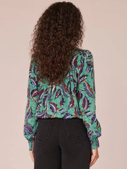 Long Sleeve Overlap Front V-Neck Printed Petite Woven Top