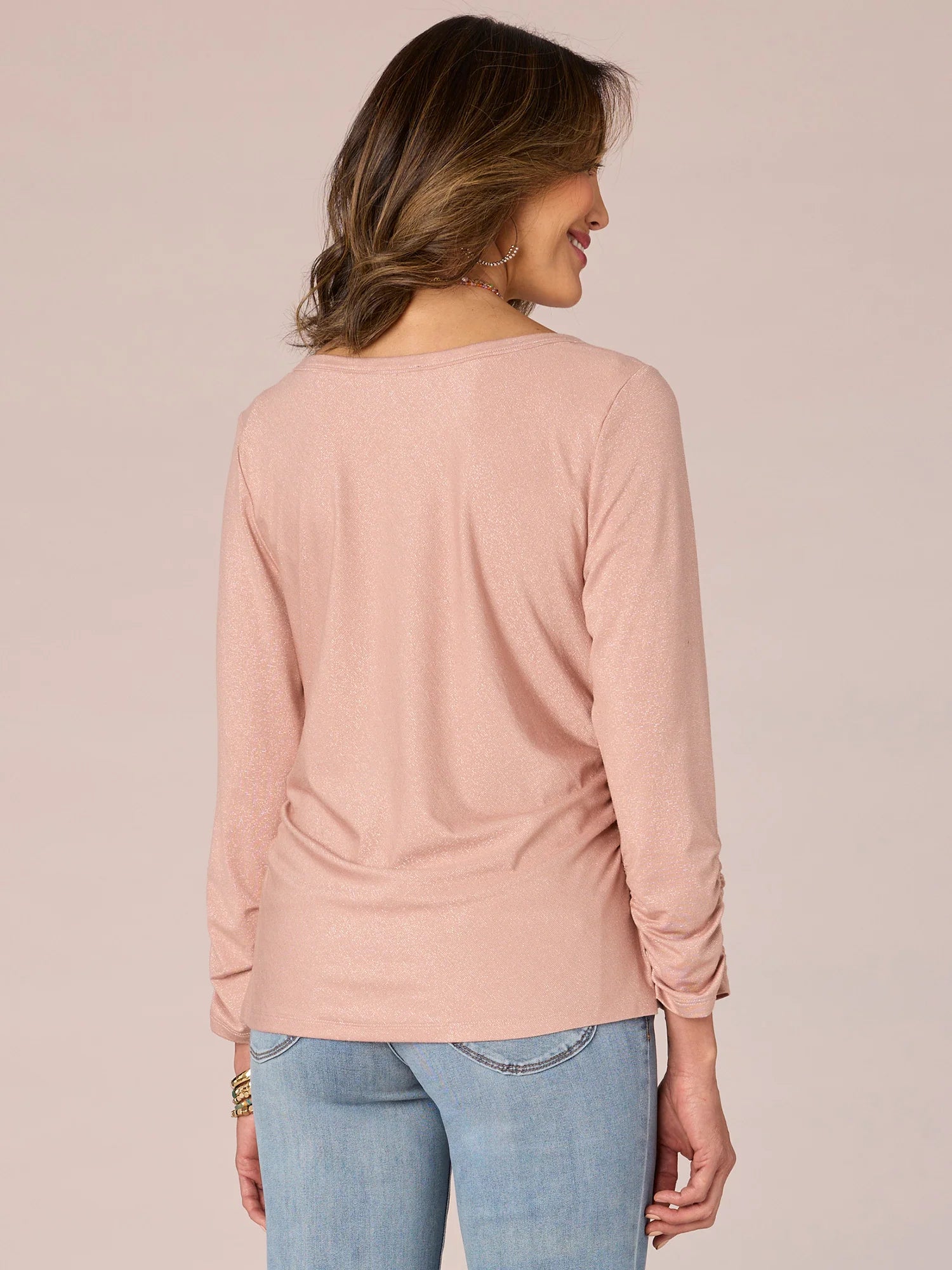 Three Quarter Sleeve Scoop Neck Ruched Side Shiny Petite Knit Top