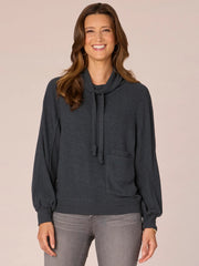 Long Sleeve Double Pocket Petite Knit Top with Funnel Neck Ties