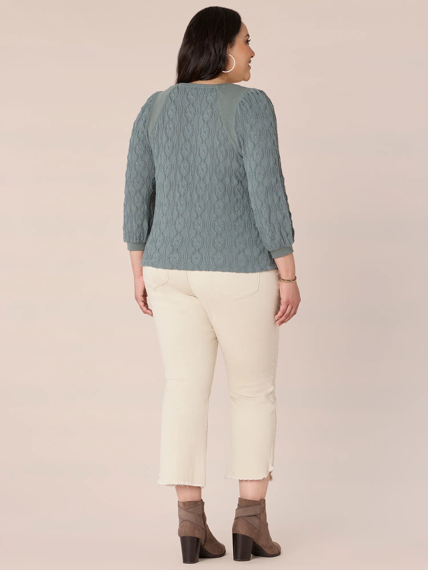 Three Quarter Sleeve Wide V-Neck Plus Size Mixed Media Knit Top
