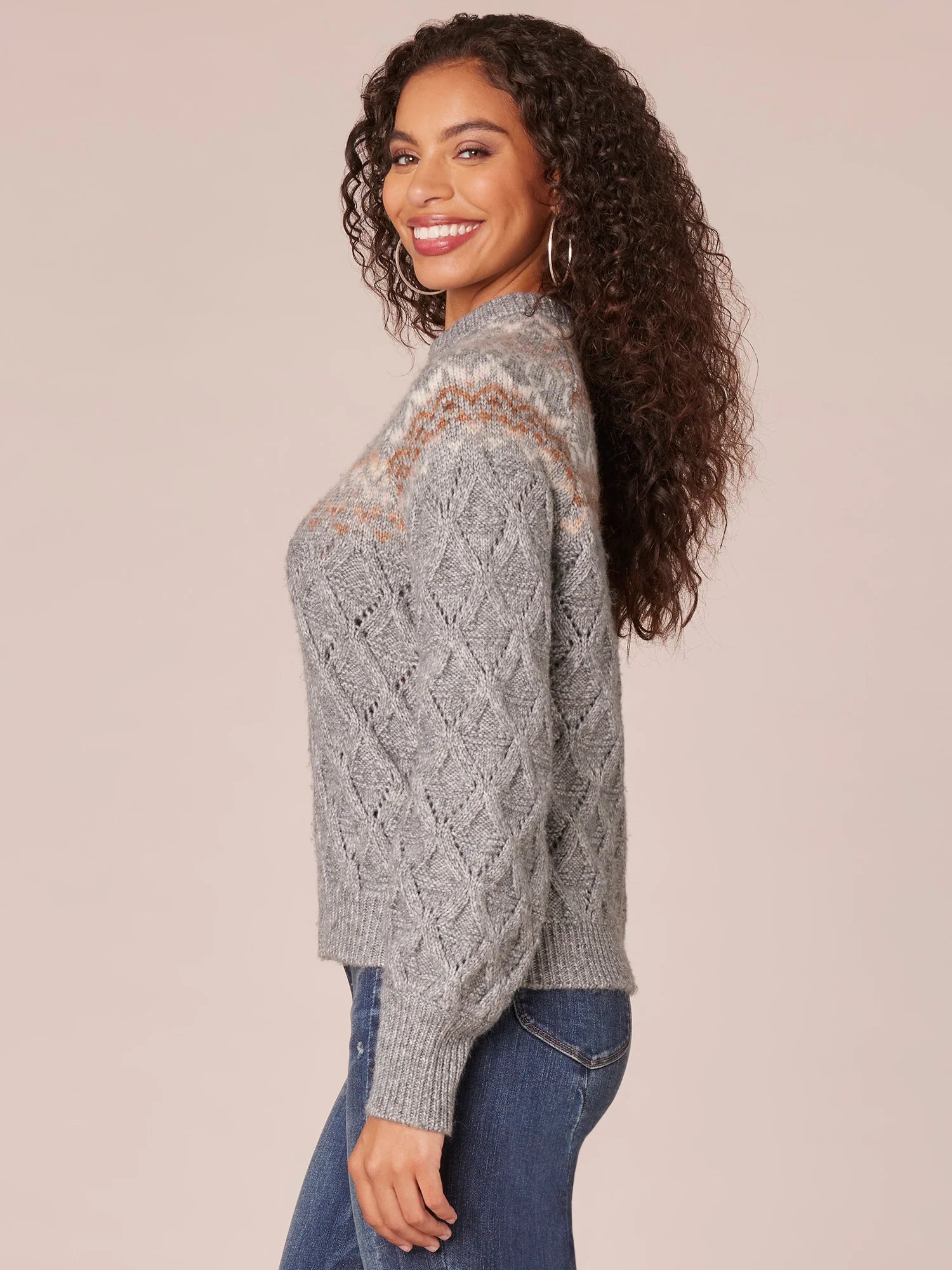 Long Sleeve Round Neck Fair Isle Yoke Pointelle Mix Sweater