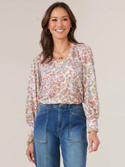 Long Ruffle Button Cuffed Sleeve Wide V-Neck Printed Knit Top