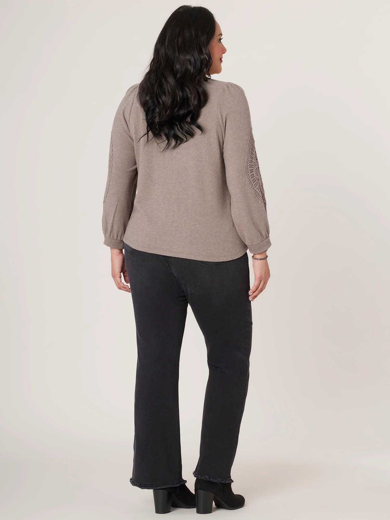 Long Sleeve Crochet Detailing Sweetheart Neckline Plus Size Knit Top
