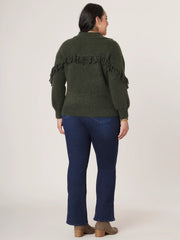 Long Sleeve Johnny Collared Cascading Fringe Yoke Plus Size Sweater