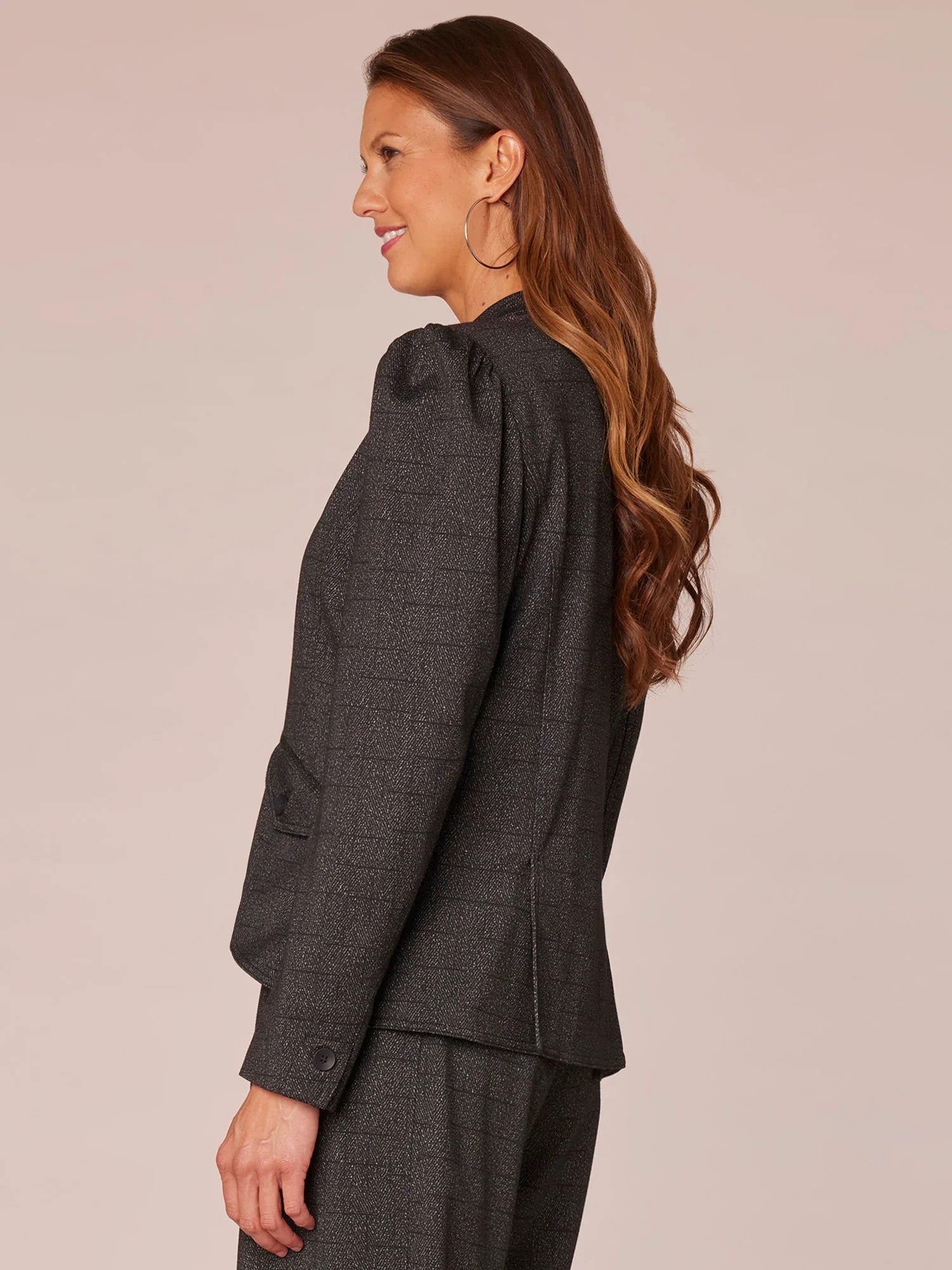 Long Sleeve Puff Shoulder Single Button Woven Blazer with Flap Pockets
