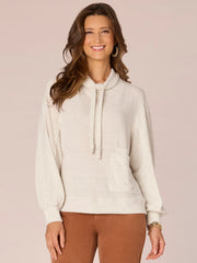 Long Sleeve Double Pocket Petite Knit Top with Funnel Neck Ties