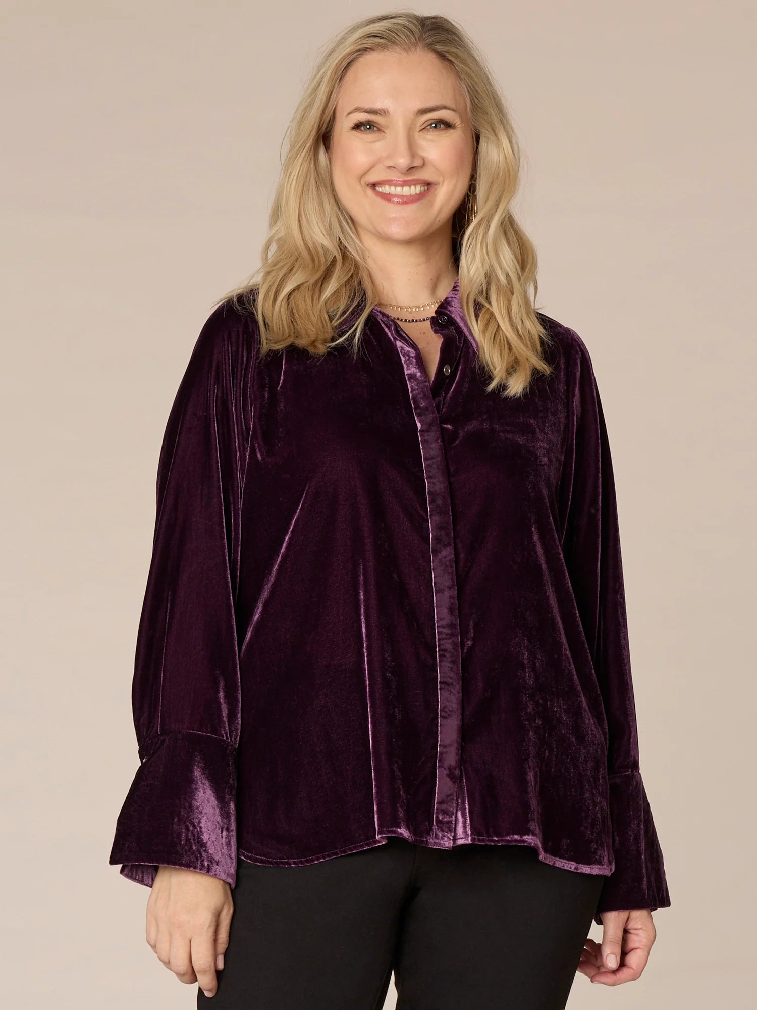 Long Sleeve Button Down Velvet Plus Size Woven Shirt with French Cuffs