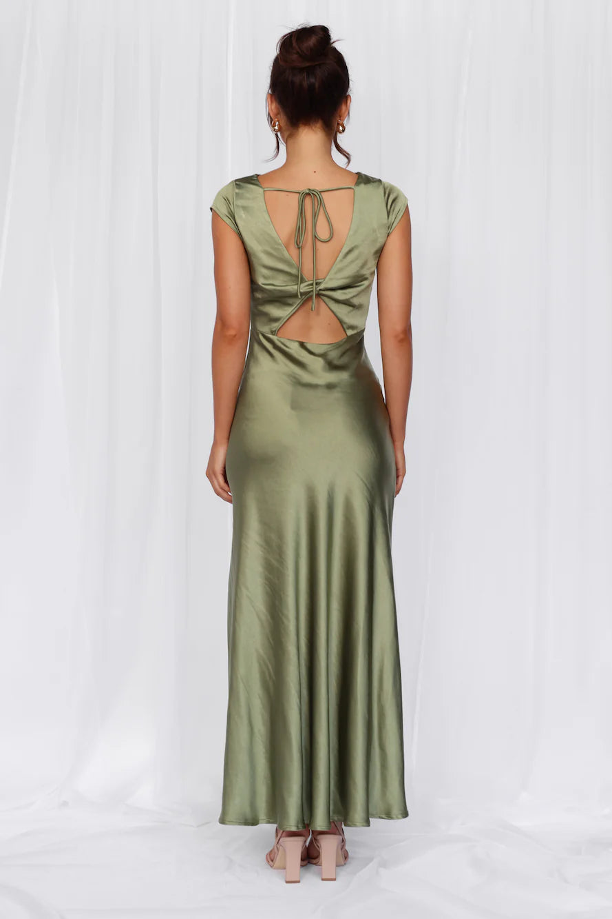 Beacnlady The Valentina Cap Sleeve Satin Maxi Dress Olive