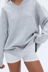 V Neck Oversized Knit Sweatshirt - Light Grey Melange