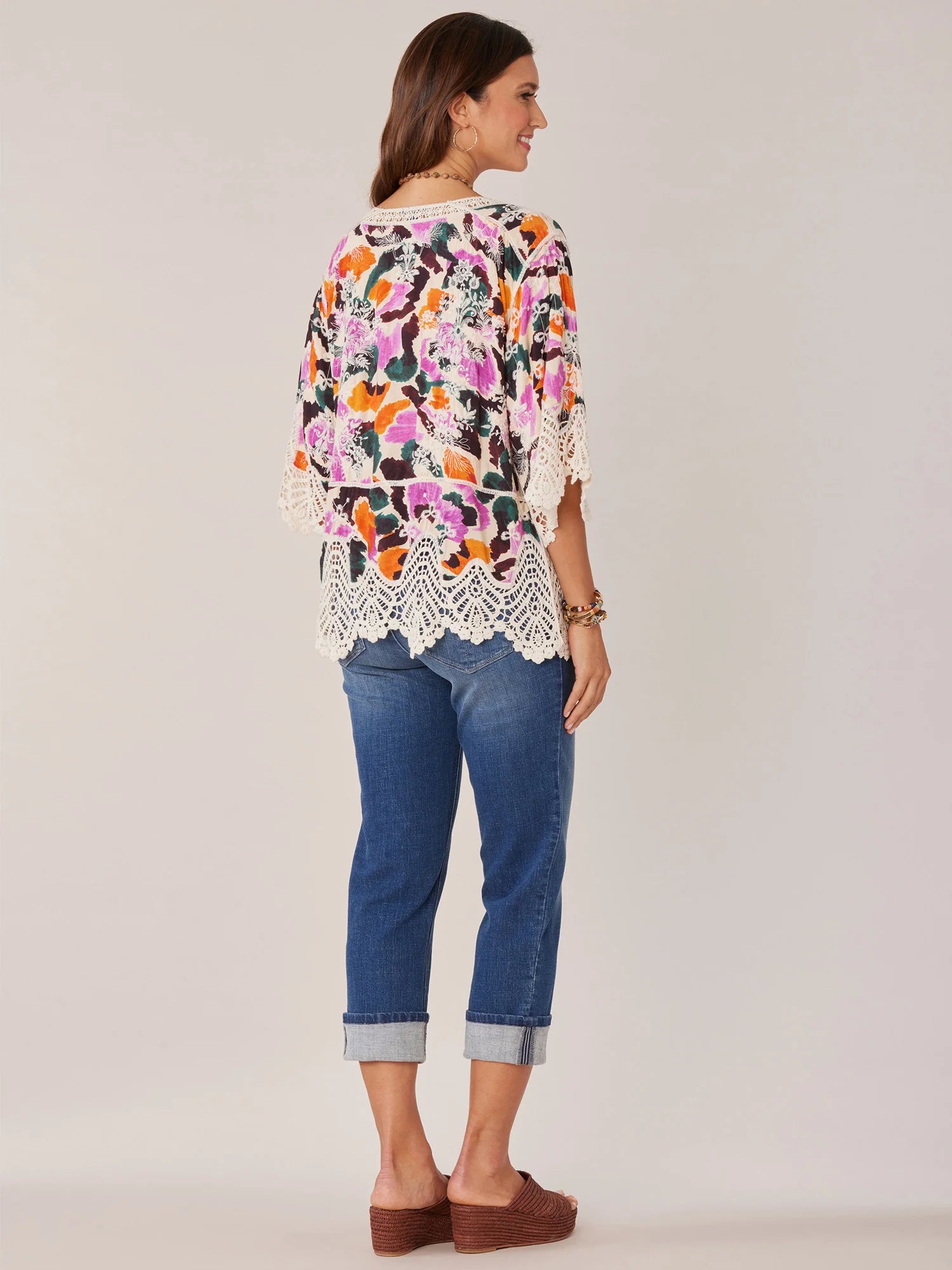 Three Quarter Sleeve V-Notch Neck Peplum Crochet Printed Woven Top