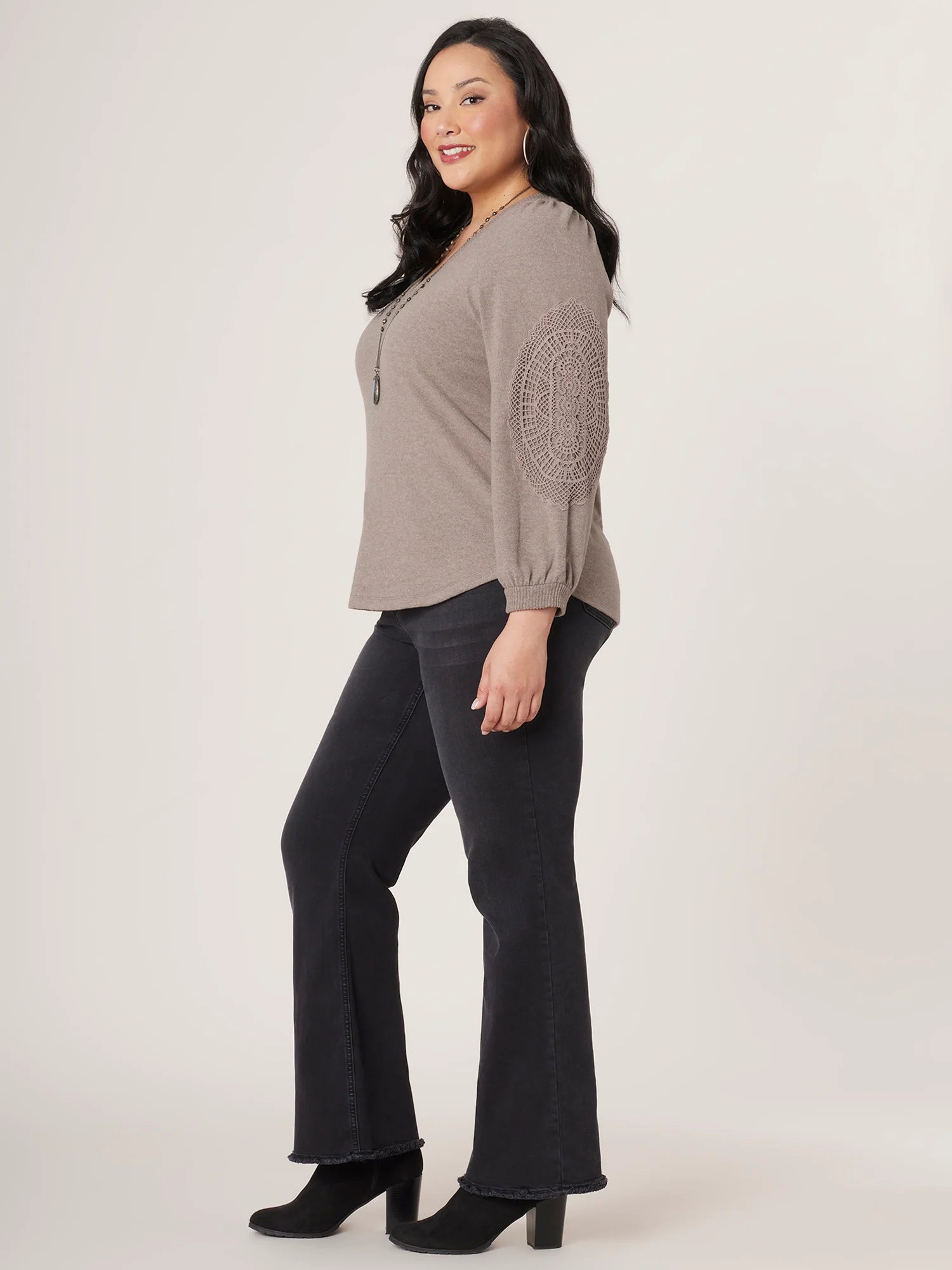 Long Sleeve Crochet Detailing Sweetheart Neckline Plus Size Knit Top