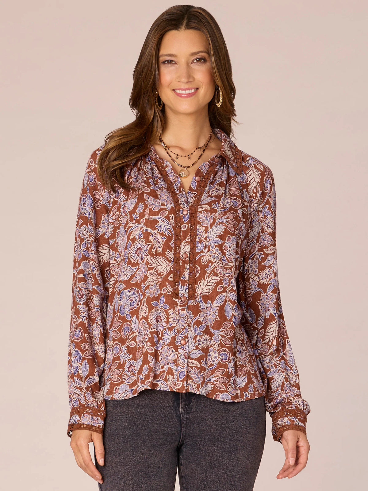 Long Sleeve Crochet Inset Placket Floral Print Woven Shirt