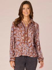 Long Sleeve Crochet Inset Placket Floral Print Woven Shirt