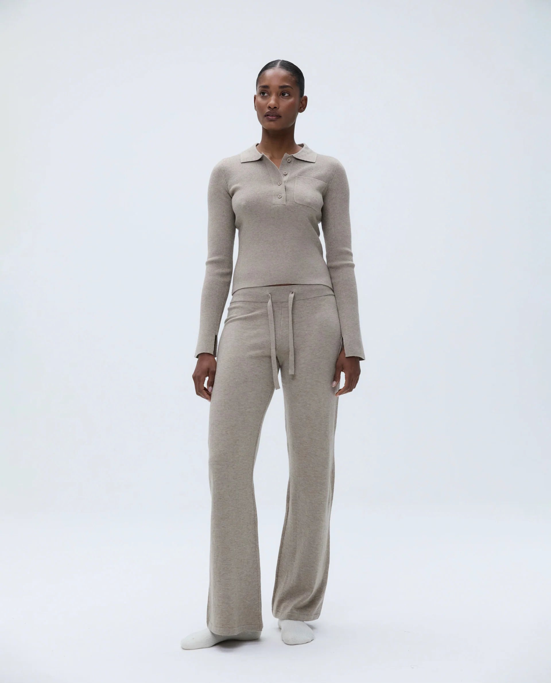 Knit Long Sleeve Button Up Top - Sand