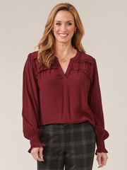Long Sleeve Open V-Neck Double Ruffle Yoke Woven Top