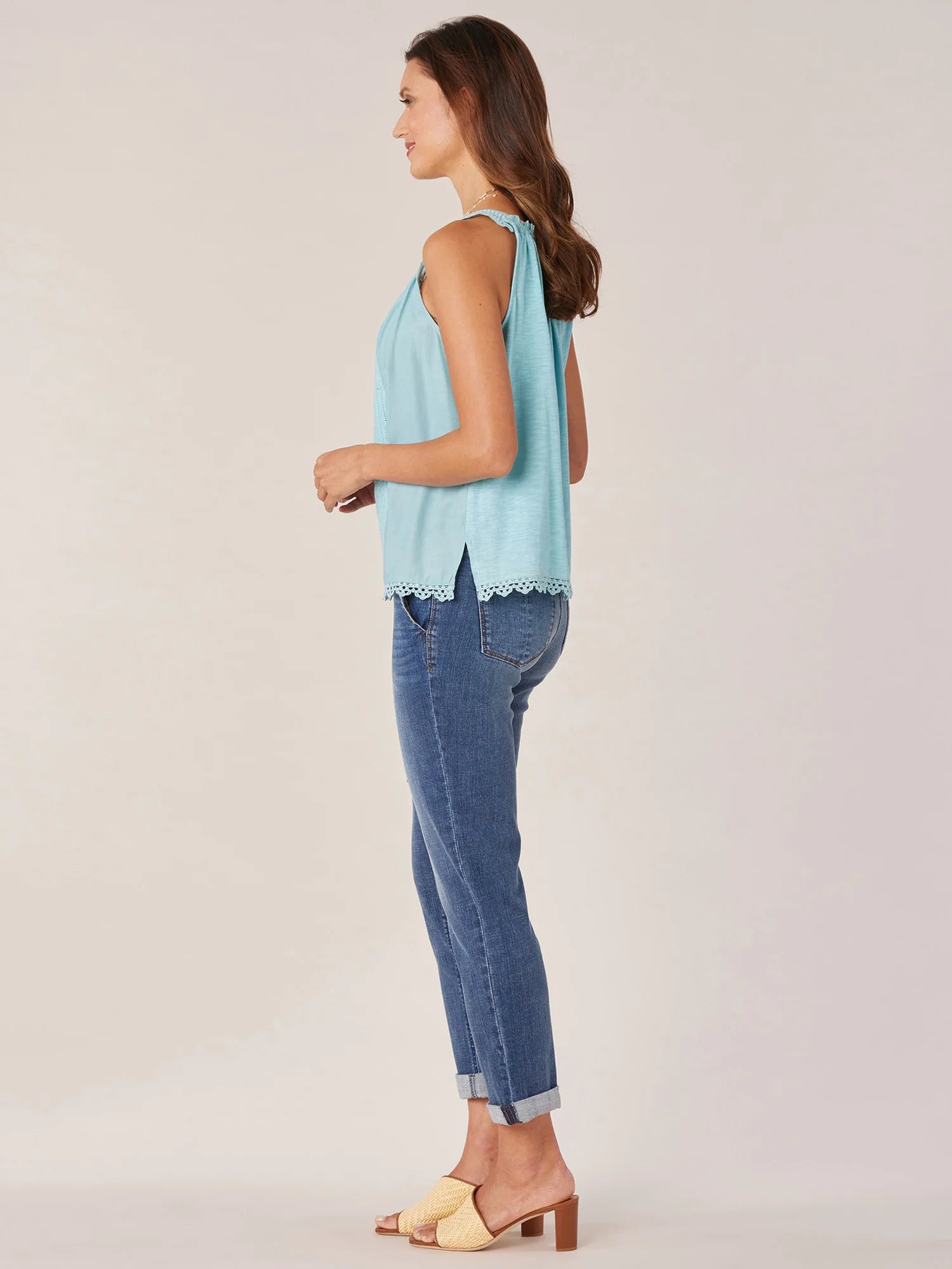Wide Strap Ruched Square Neck Embroidered Scallop Edge Woven Tank Top