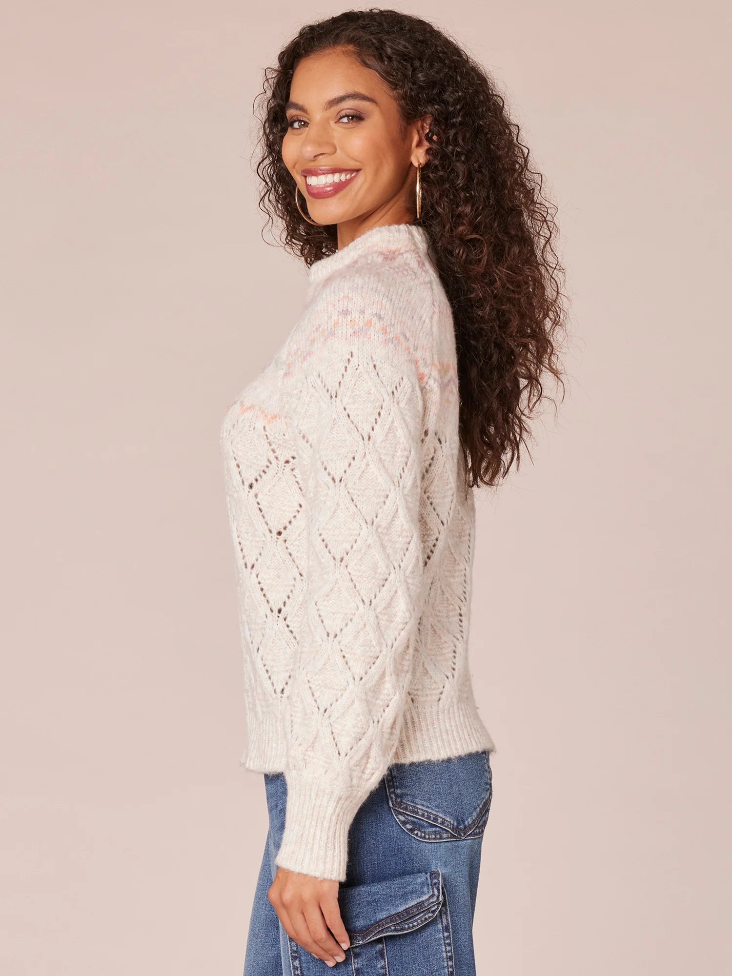 Long Sleeve Round Neck Fair Isle Yoke Pointelle Mix Sweater
