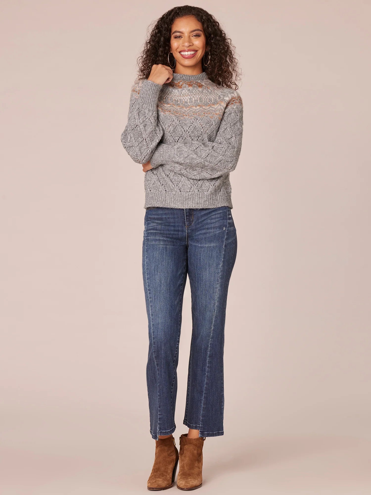 Long Sleeve Round Neck Fair Isle Yoke Pointelle Mix Sweater